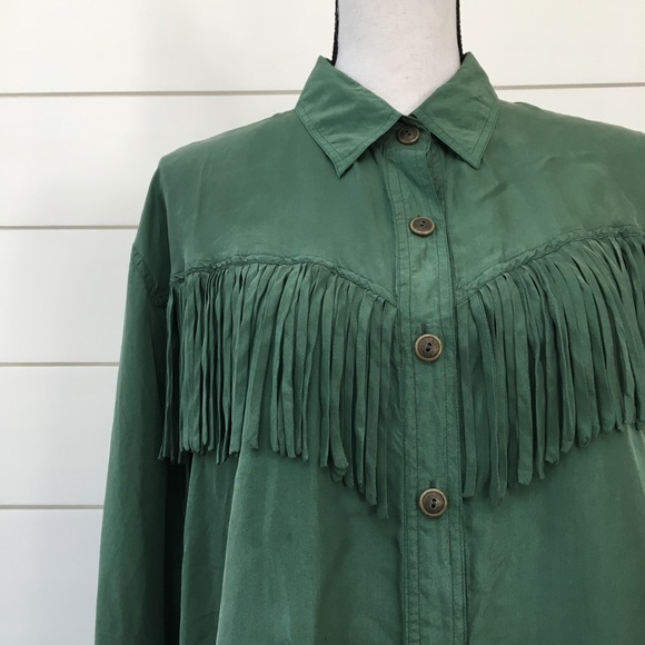 SOLD : Vintage 90s Silk Western Fringe Button Down - Picture 3 of 6